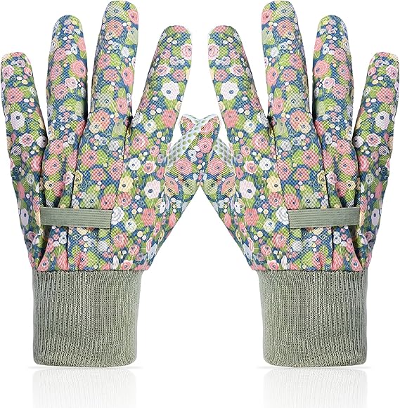 Ladies’ Floral Gardening Gloves – Breathable & Non-Slip Cotton Work Gloves with Elastic Cuffs, One Size Fits Most