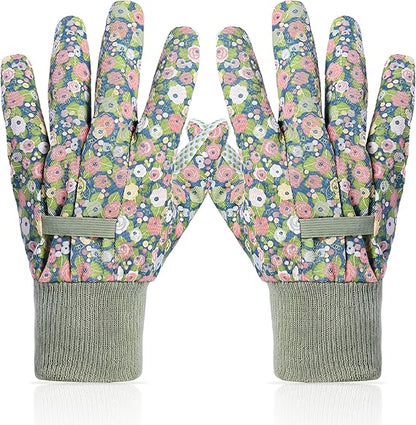 Ladies’ Floral Gardening Gloves – Breathable & Non-Slip Cotton Work Gloves with Elastic Cuffs, One Size Fits Most
