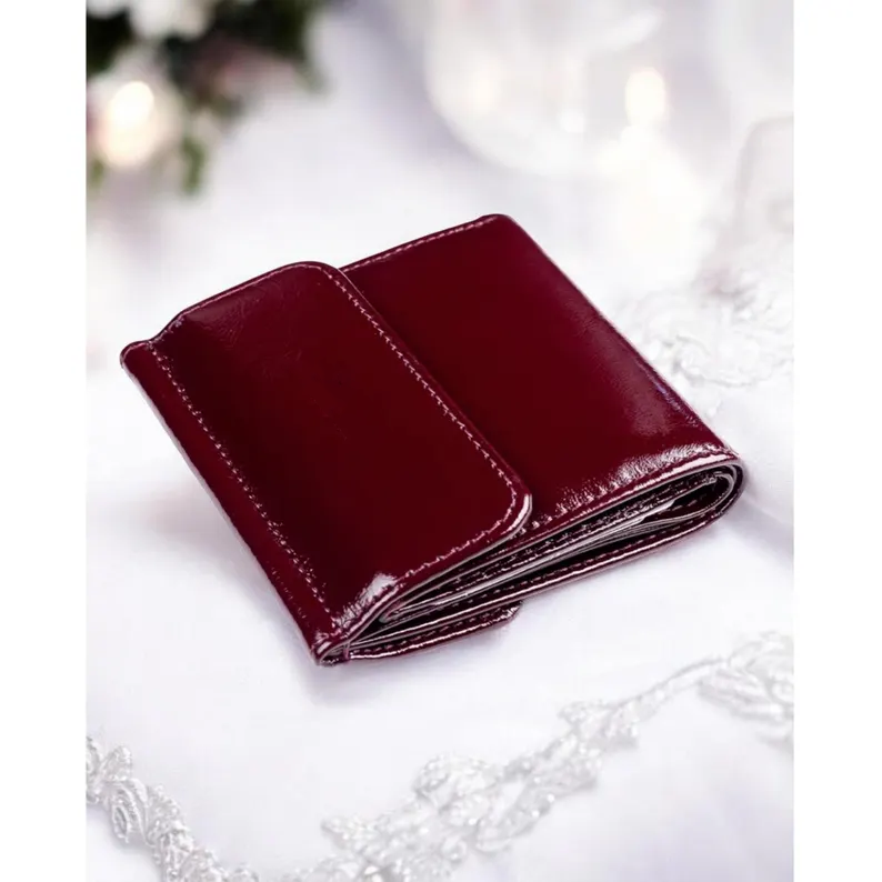 Burgundy Patent Leather Button Closure Small Trifold Wallet
