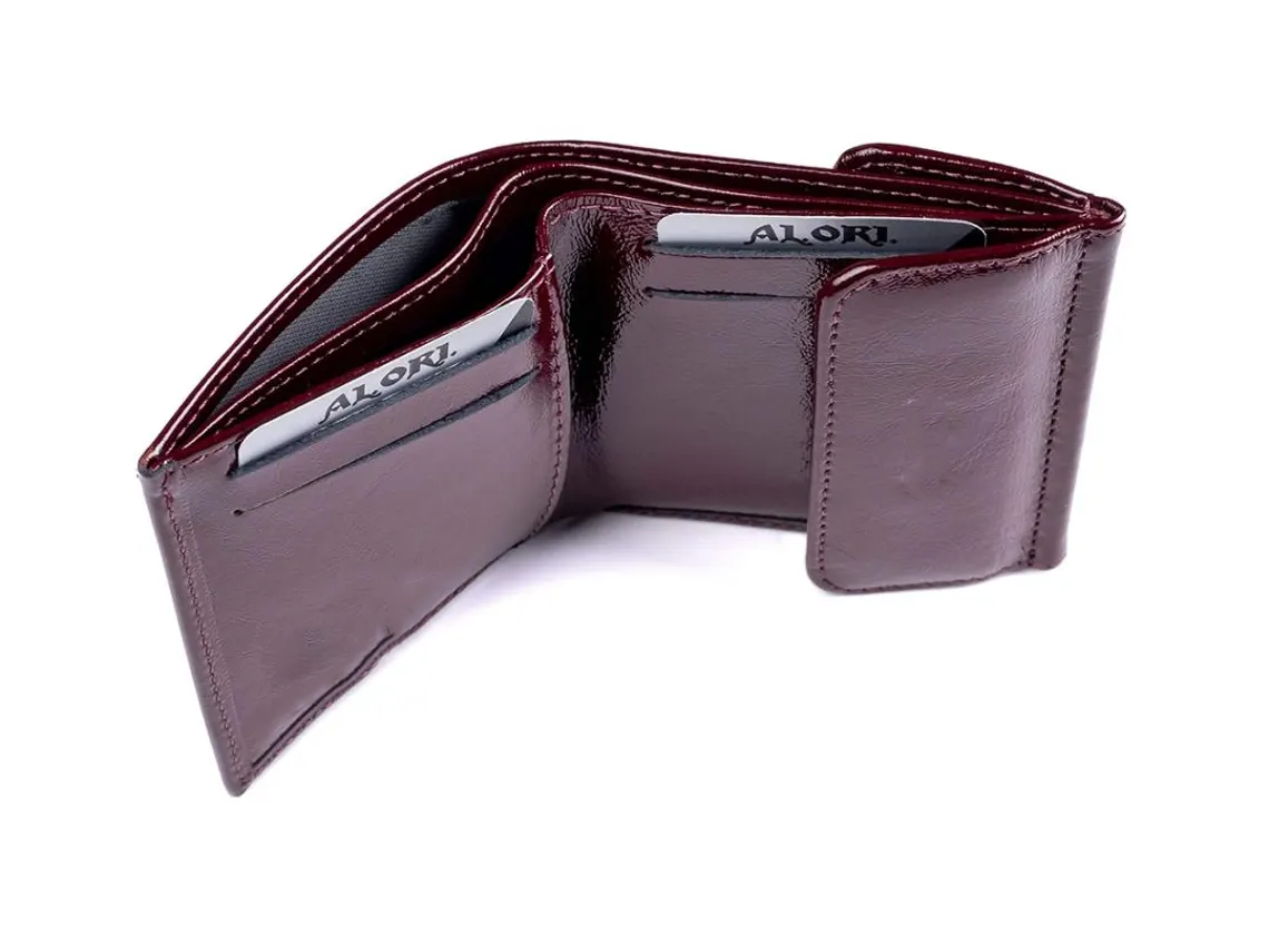 Burgundy Patent Leather Button Closure Small Trifold Wallet