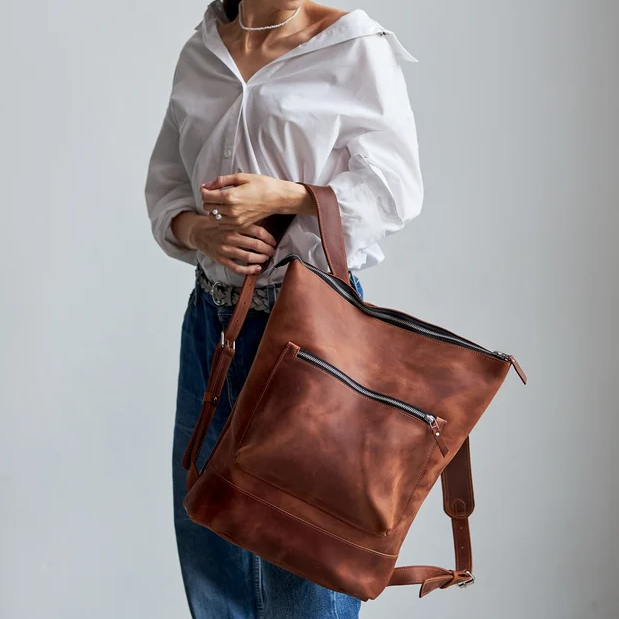 Distressed Brown Leather Convertible Tote Backpack