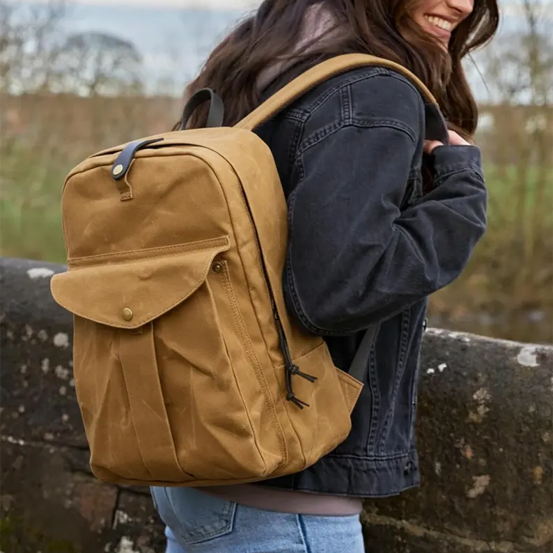 Tan Waxed Canvas 15 Inch Laptop Backpack with Leather Trim