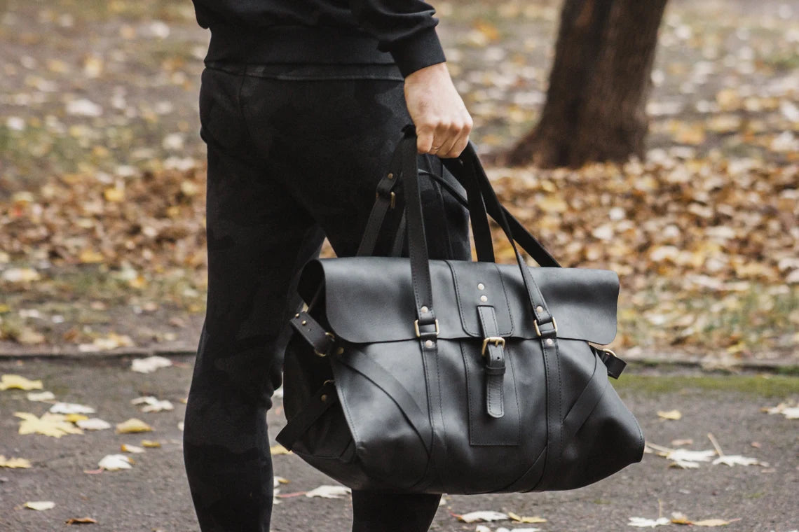 Black Full Grain Leather Roll Top Duffle Travel Bag