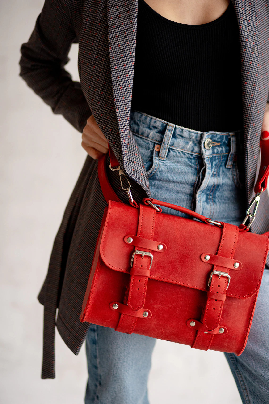 Vibrant Red Leather Buckle Satchel Crossbody Handbag
