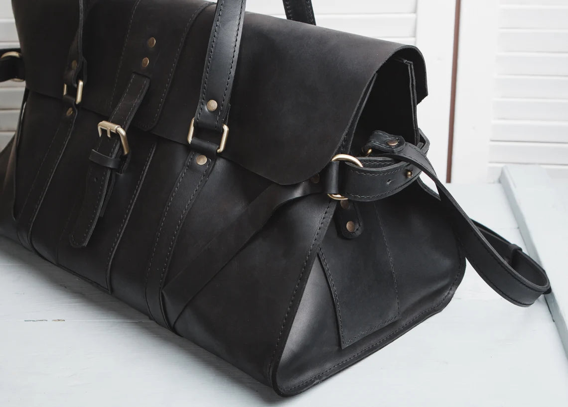 Black Full Grain Leather Roll Top Duffle Travel Bag