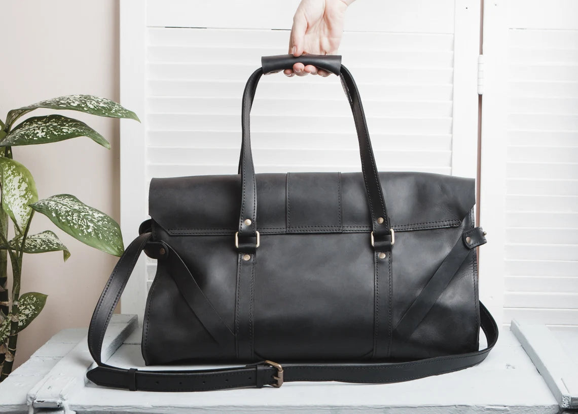 Black Full Grain Leather Roll Top Duffle Travel Bag