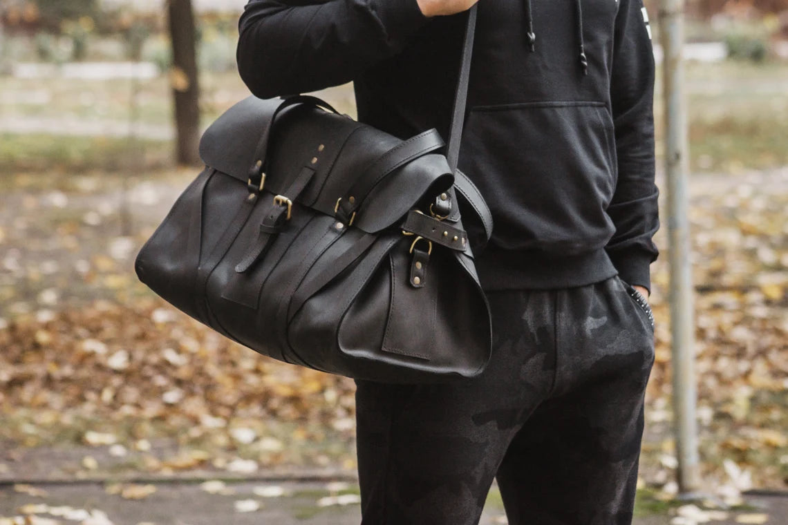 Black Full Grain Leather Roll Top Duffle Travel Bag