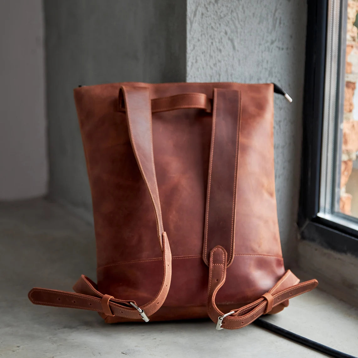 Distressed Brown Leather Convertible Tote Backpack
