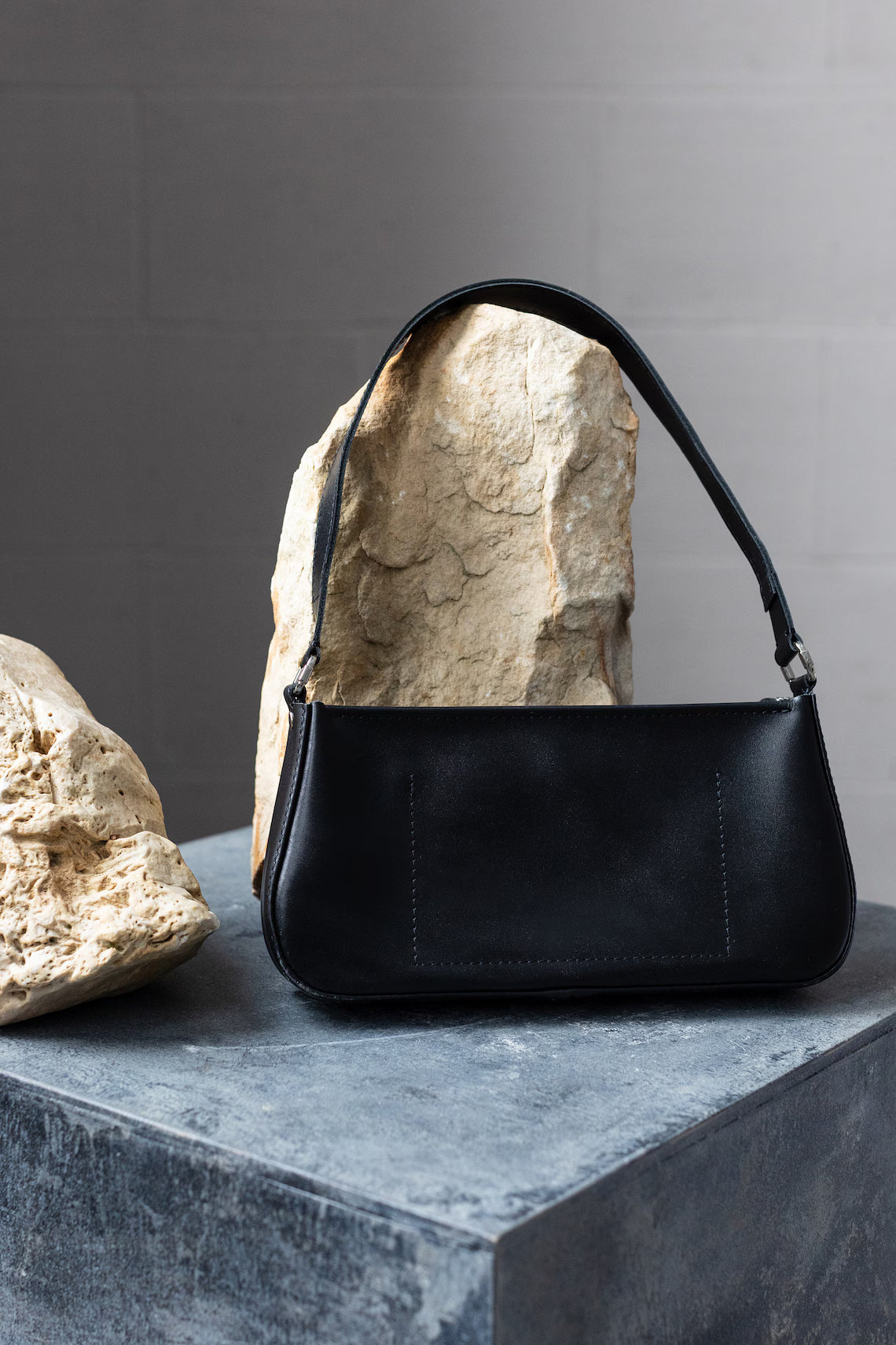 Minimalist Smooth Black Leather Underarm Handbag Shoulder Bag