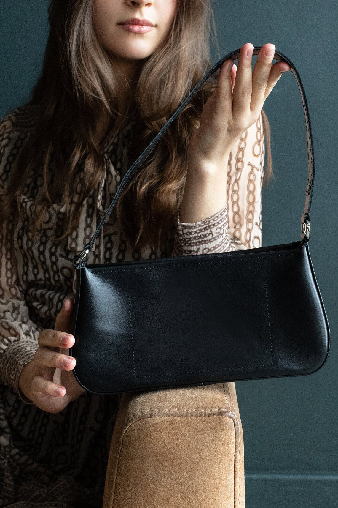 Minimalist Smooth Black Leather Underarm Handbag Shoulder Bag