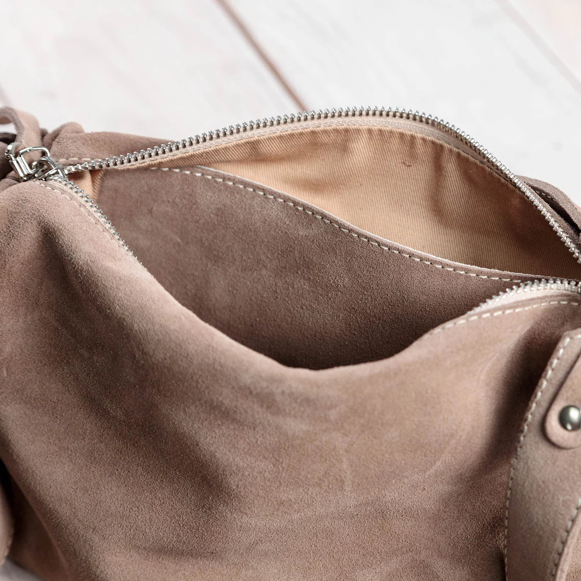 Taupe Suede Soft Slouchy Adjustable Crossbody Shoulder Handbag