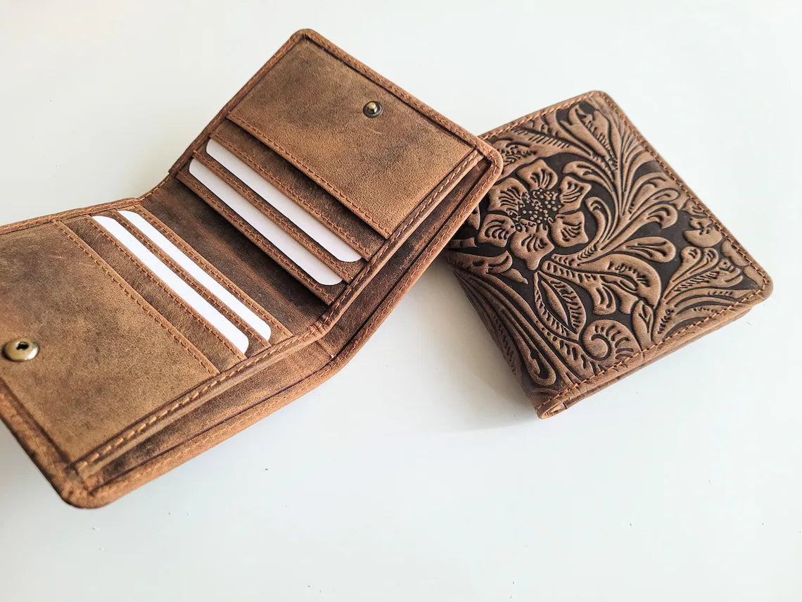 Hand Tooled Floral Cowhide Bifold Leather Wallet