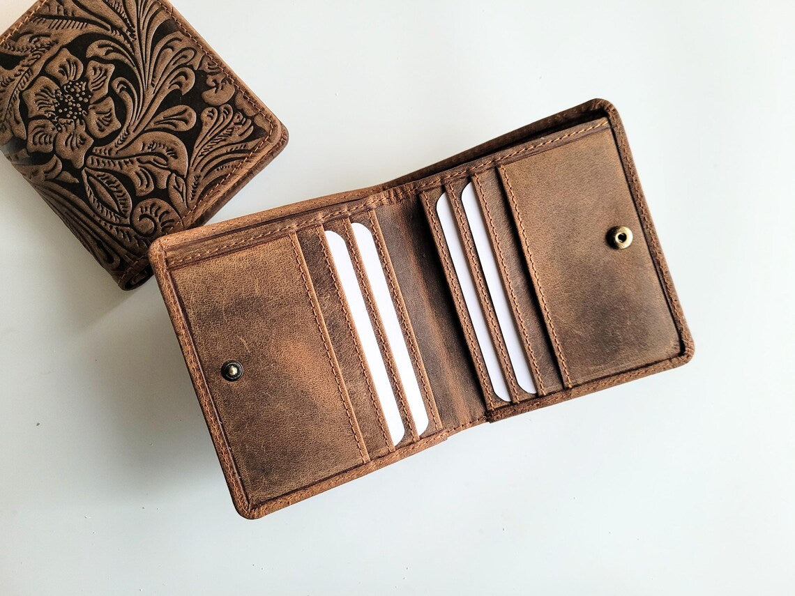 Hand Tooled Floral Cowhide Bifold Leather Wallet