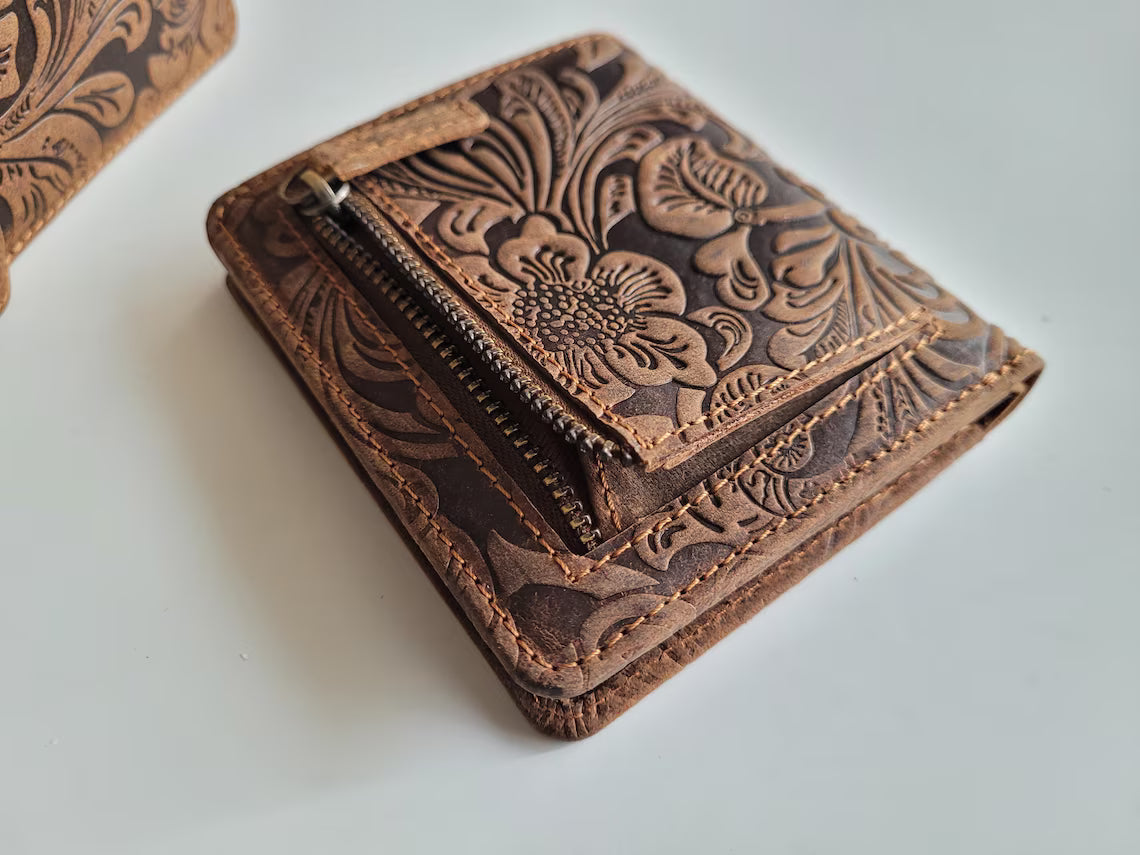 Hand Tooled Floral Cowhide Bifold Leather Wallet