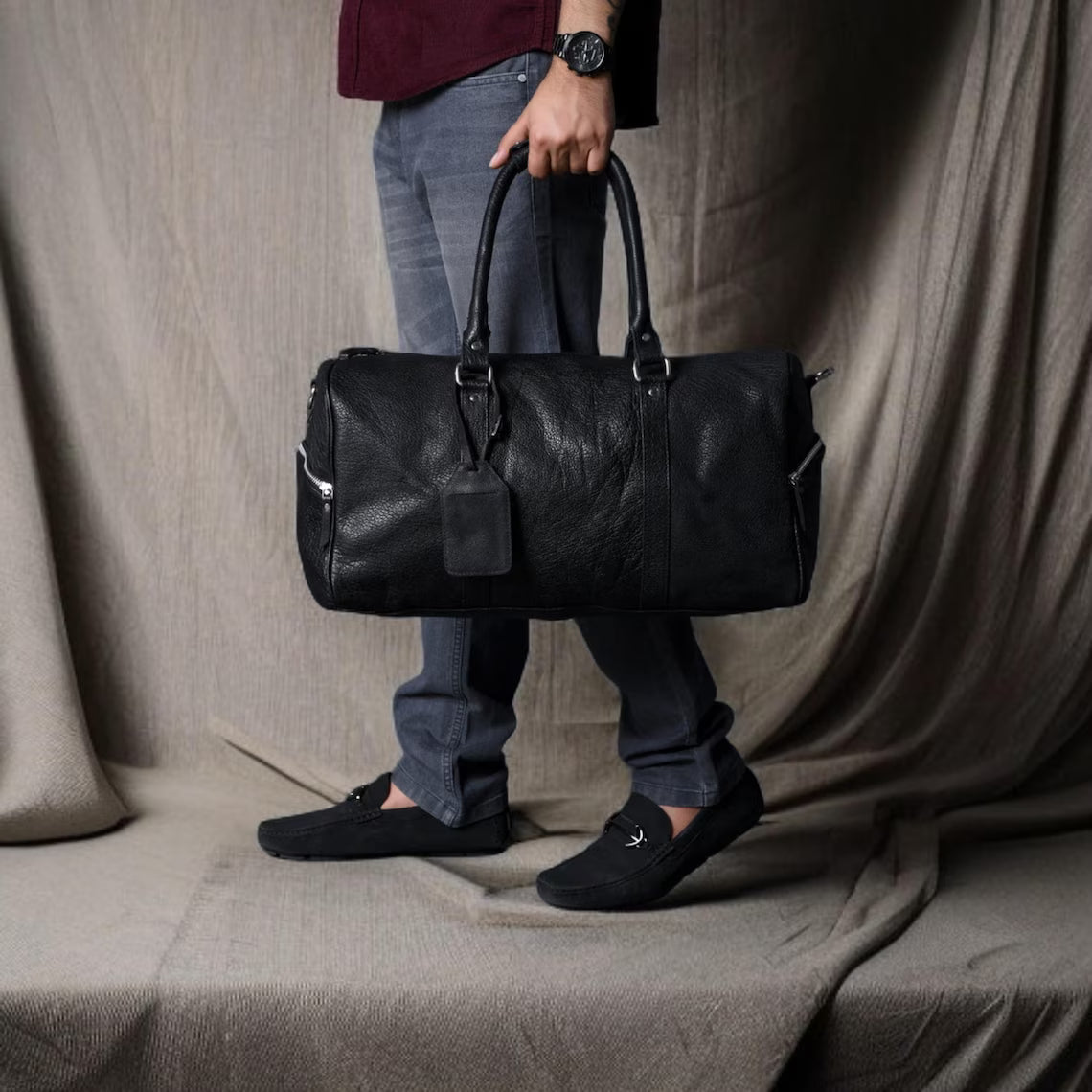 Black Top Grain Buffalo Leather Weekender Travel Gym Duffle Bag