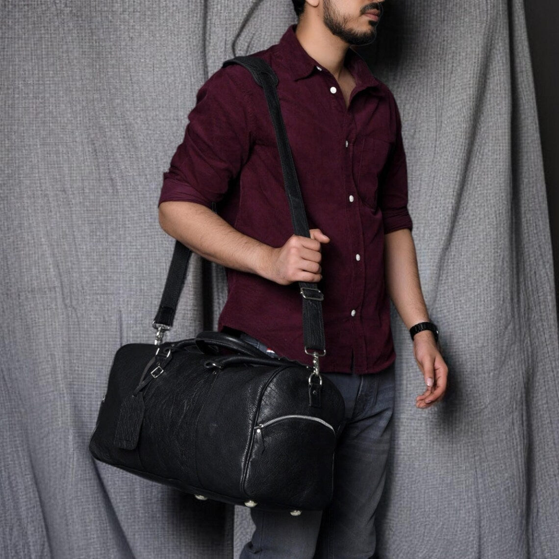 Black Top Grain Buffalo Leather Weekender Travel Gym Duffle Bag