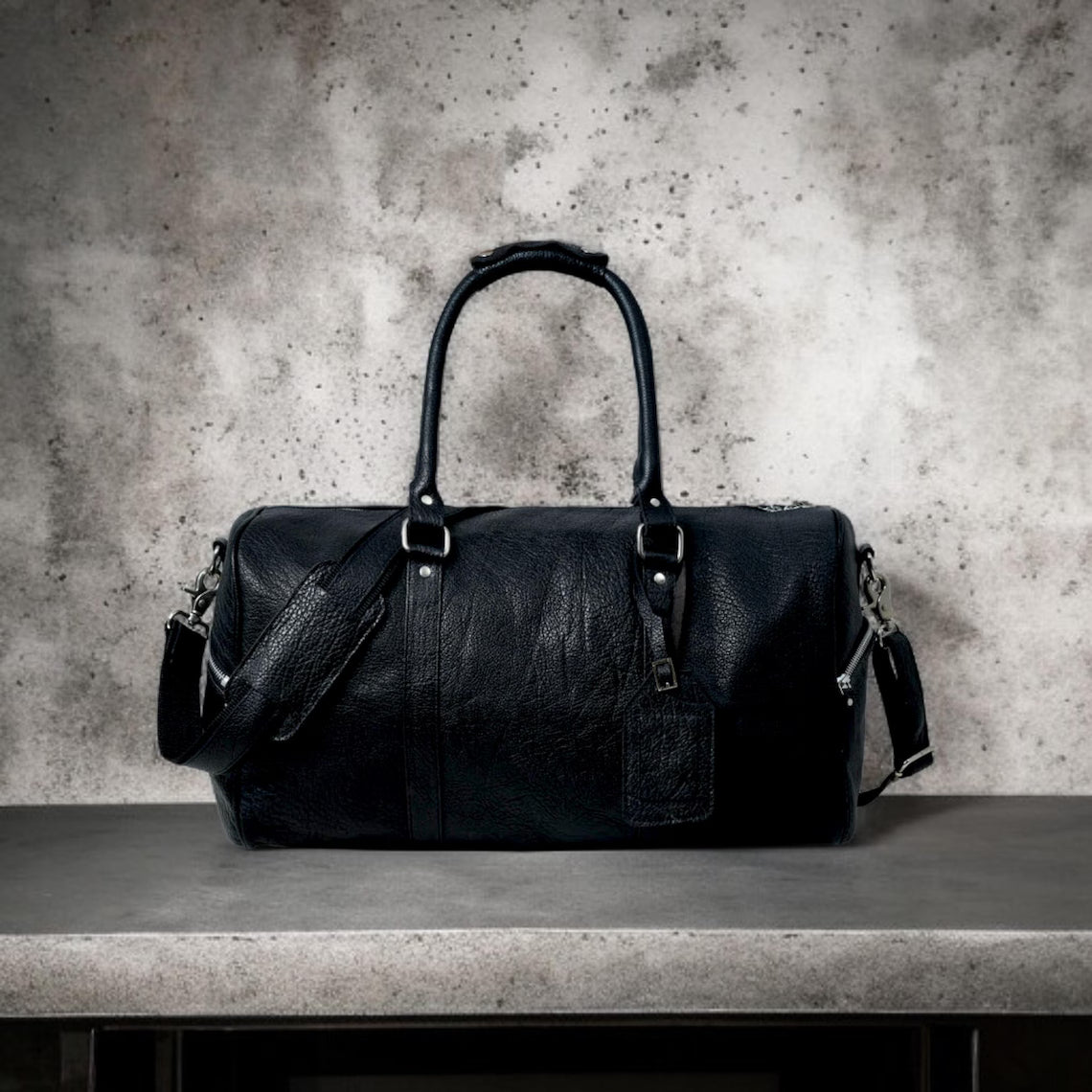 Black Top Grain Buffalo Leather Weekender Travel Gym Duffle Bag