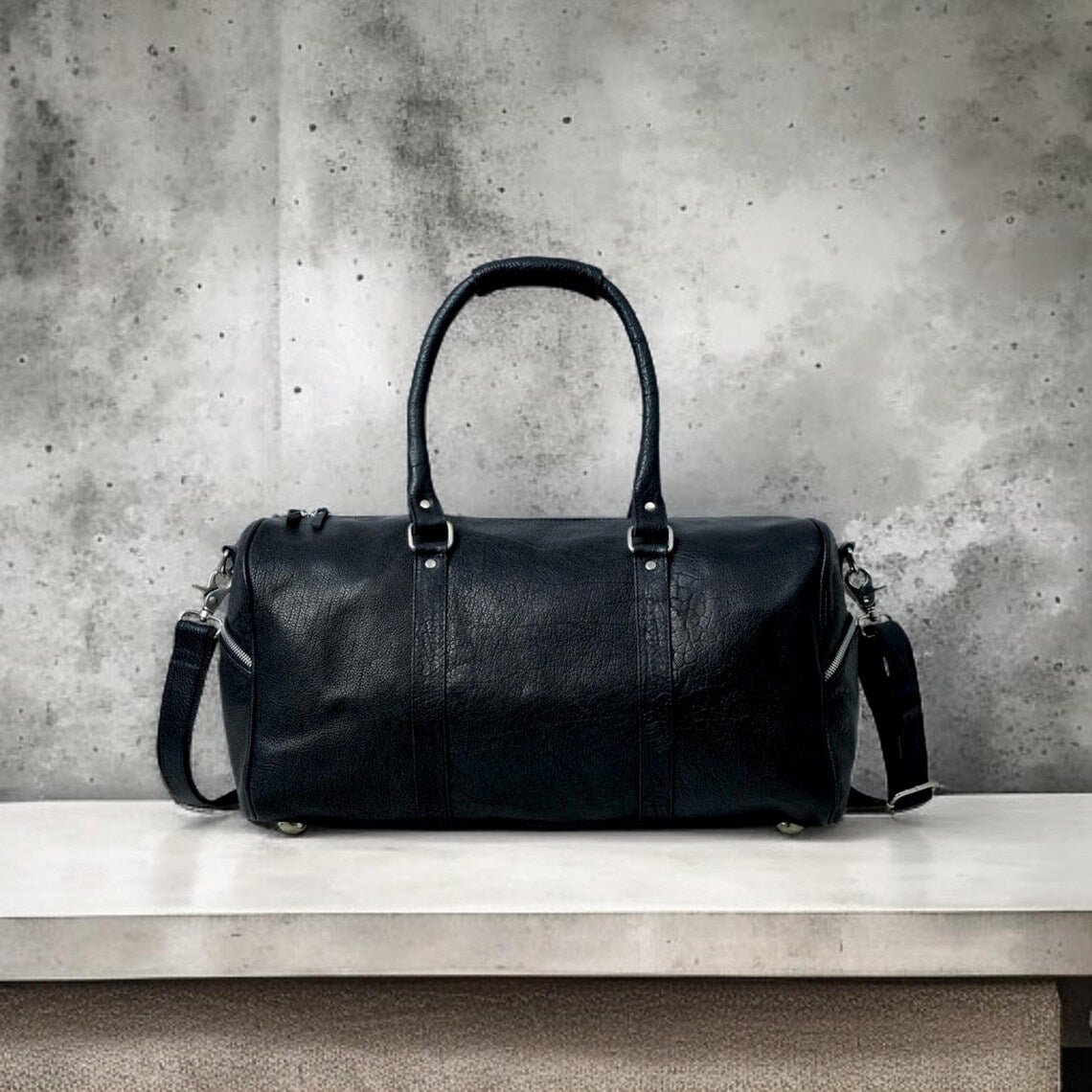 Black Top Grain Buffalo Leather Weekender Travel Gym Duffle Bag