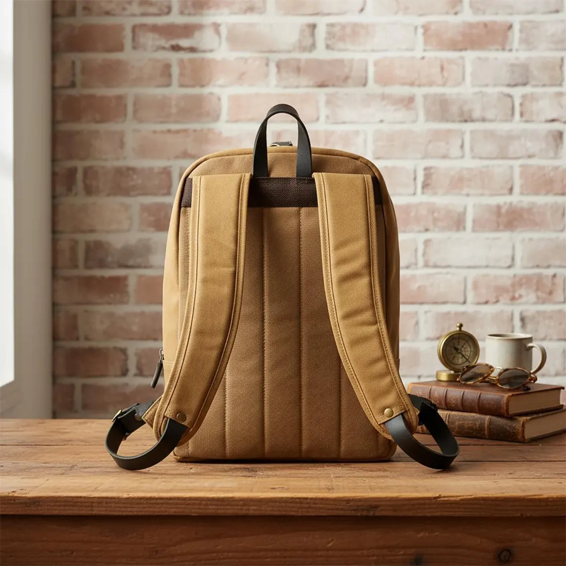 Tan Waxed Canvas 15 Inch Laptop Backpack with Leather Trim