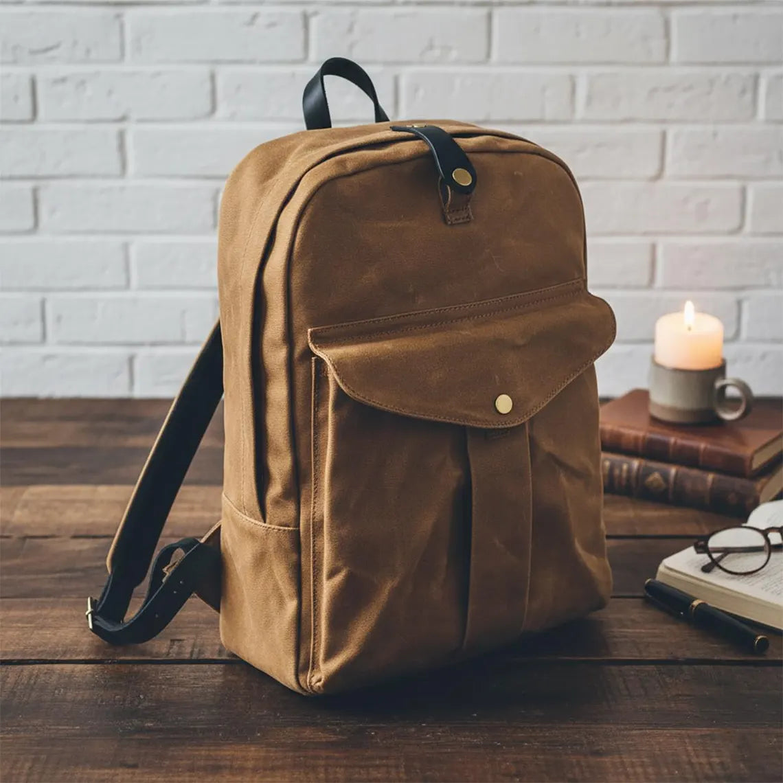 Tan Waxed Canvas 15 Inch Laptop Backpack with Leather Trim