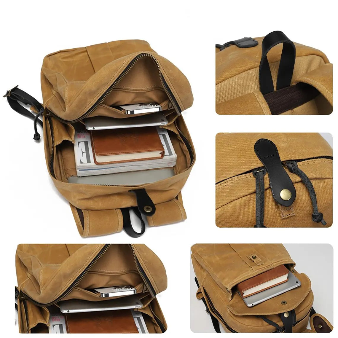 Tan Waxed Canvas 15 Inch Laptop Backpack with Leather Trim