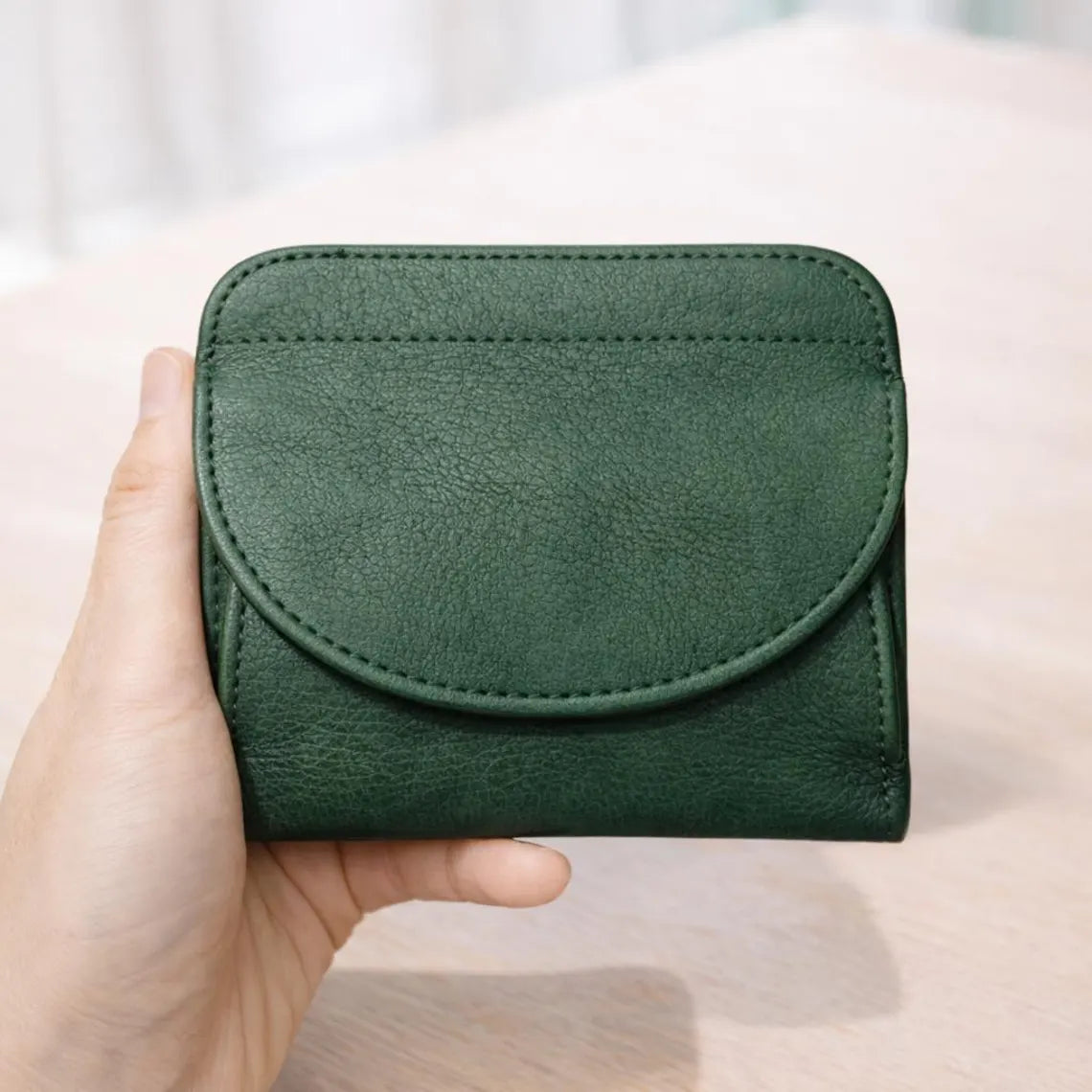 Forest Green Genuine Leather Compact Flap Trifold Wallet