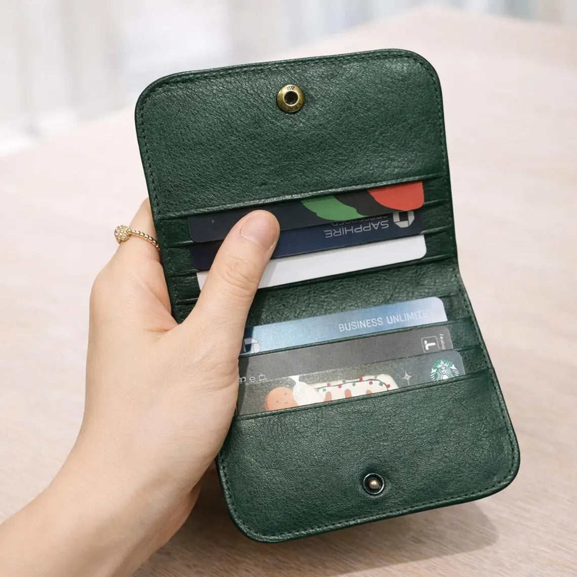 Forest Green Genuine Leather Compact Flap Trifold Wallet