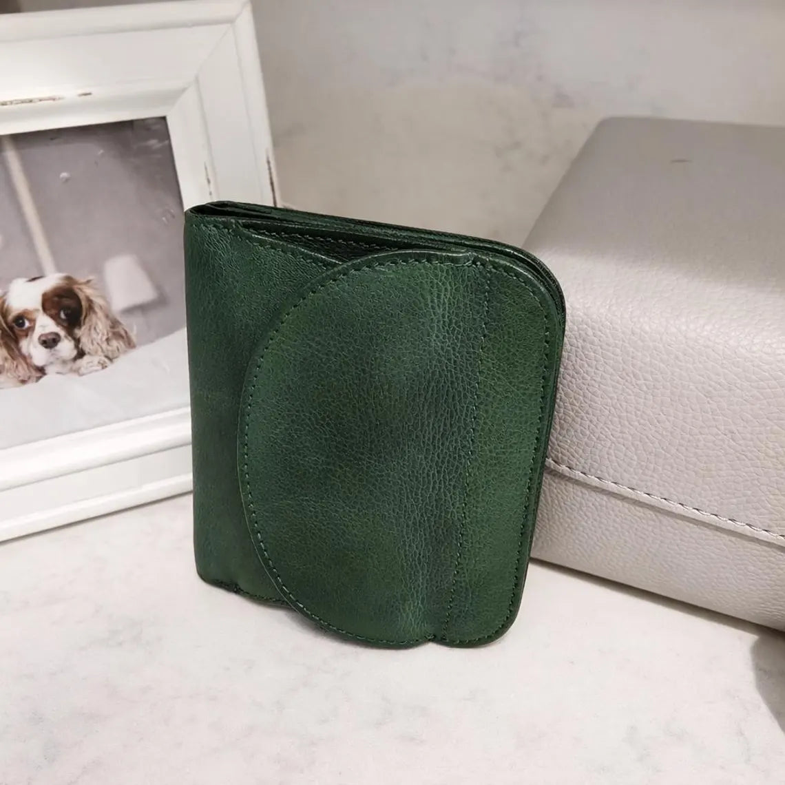 Forest Green Genuine Leather Compact Flap Trifold Wallet
