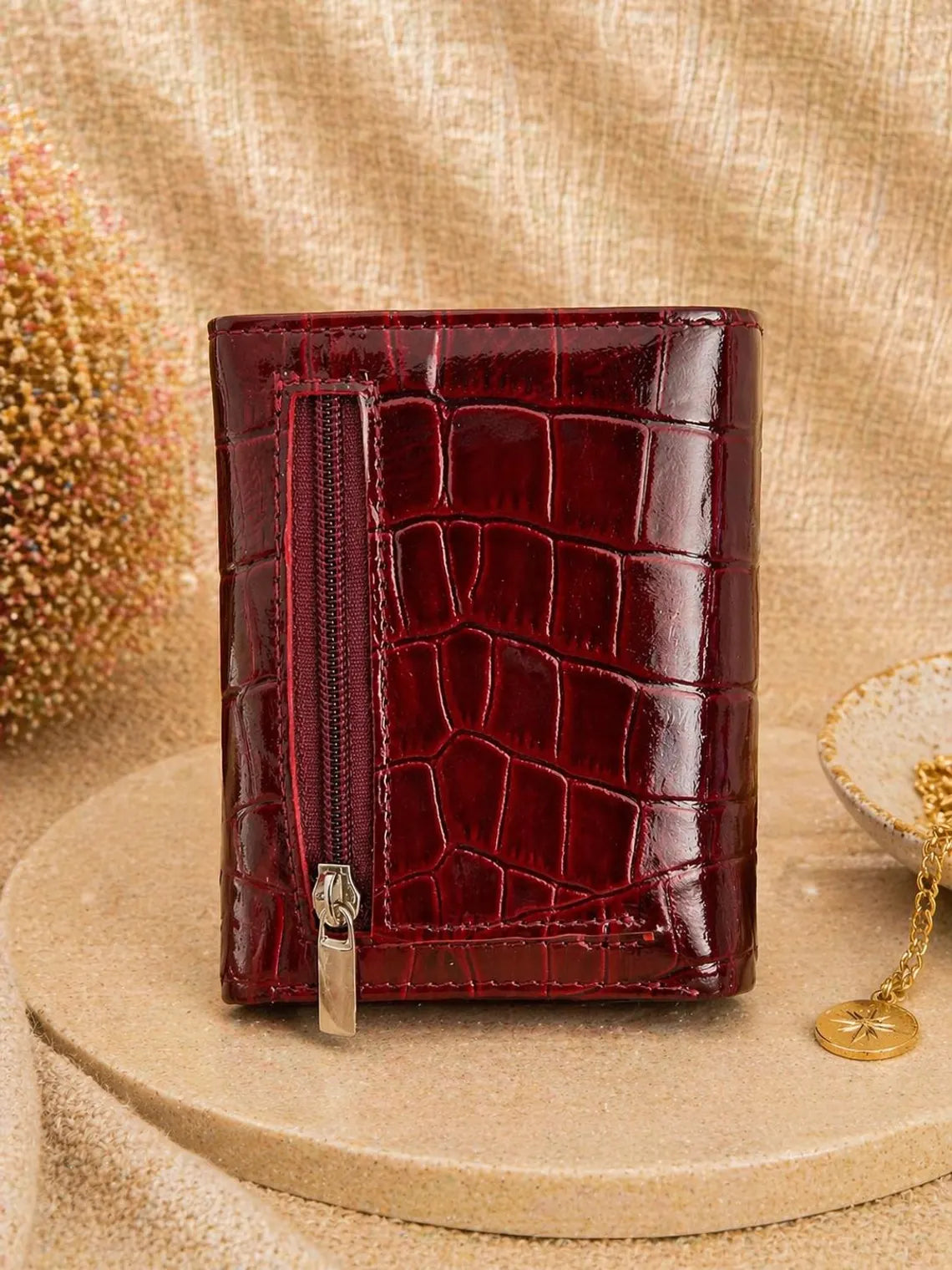 Glossy Croc Embossed Brown Leather Trifold Snap Wallet