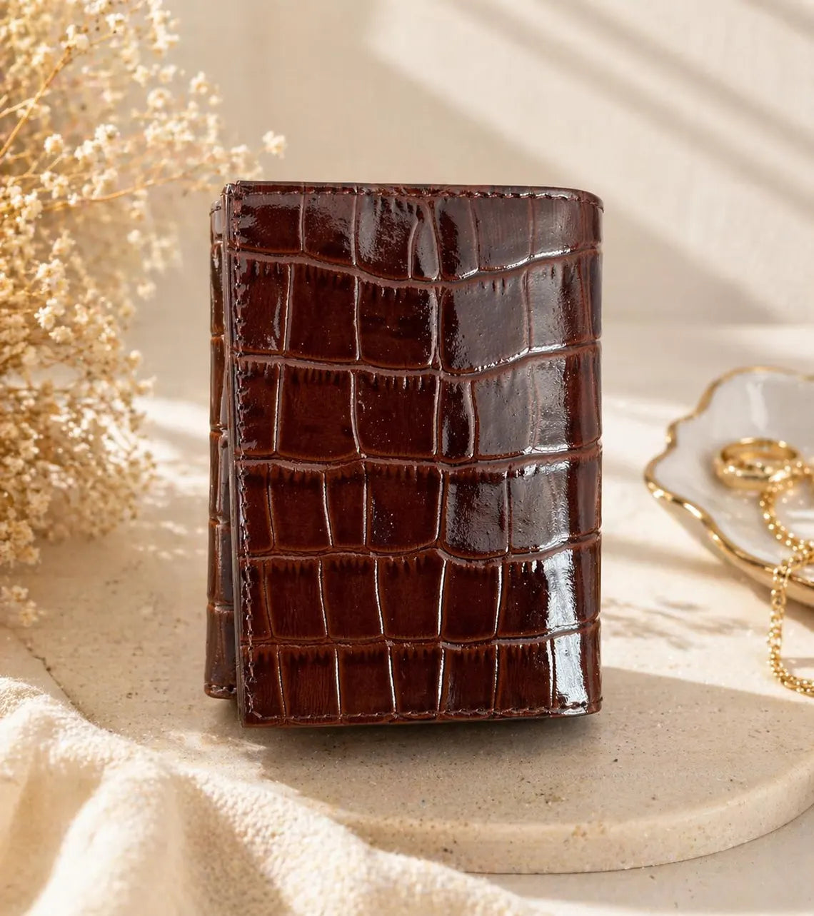 Glossy Croc Embossed Brown Leather Trifold Snap Wallet