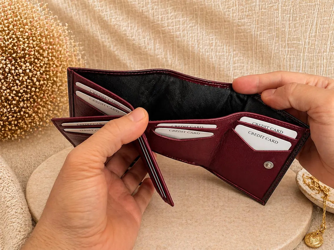 Glossy Croc Embossed Brown Leather Trifold Snap Wallet