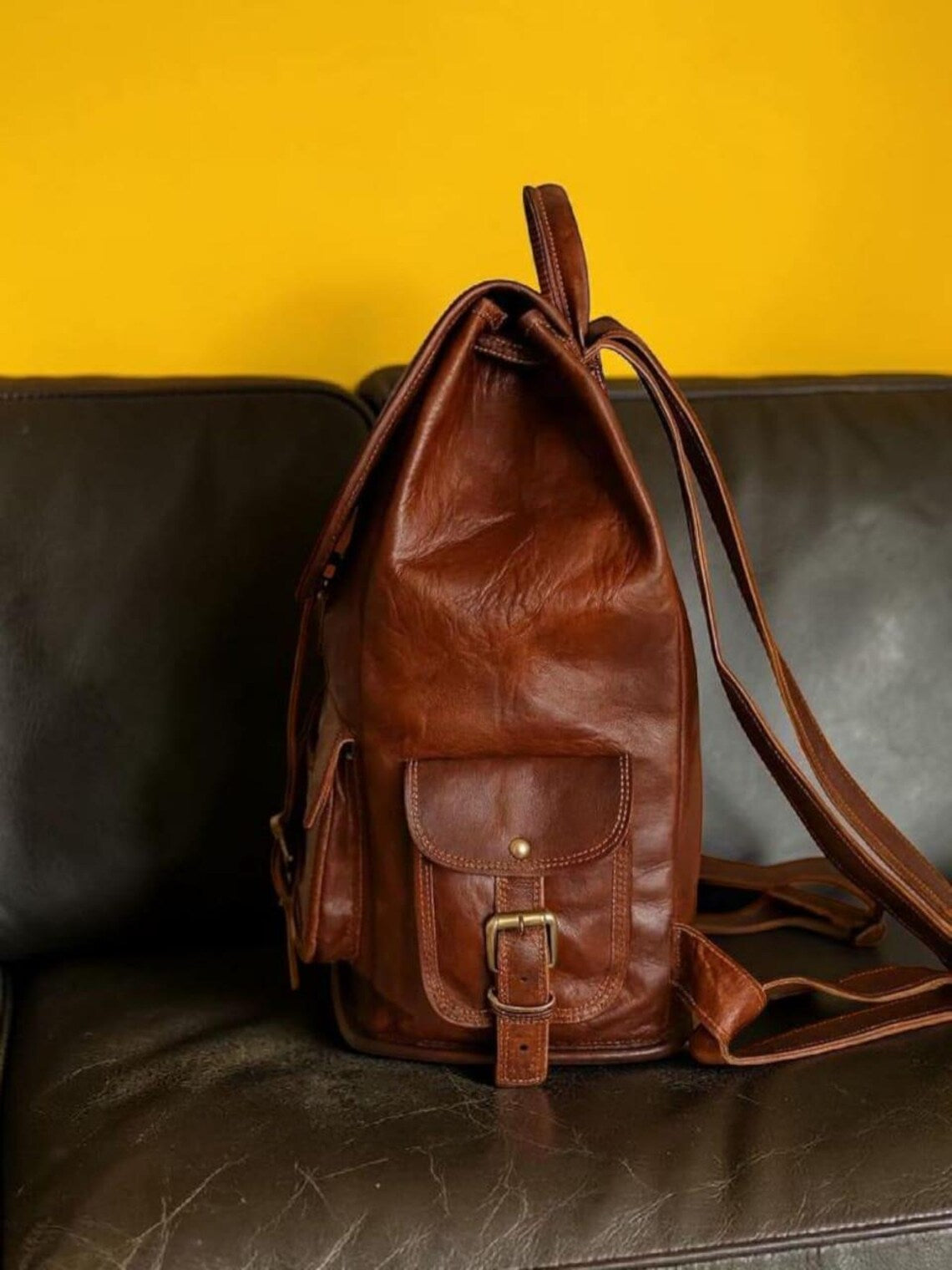 Vintage Full Grain Leather Drawstring Flap Unisex Backpack