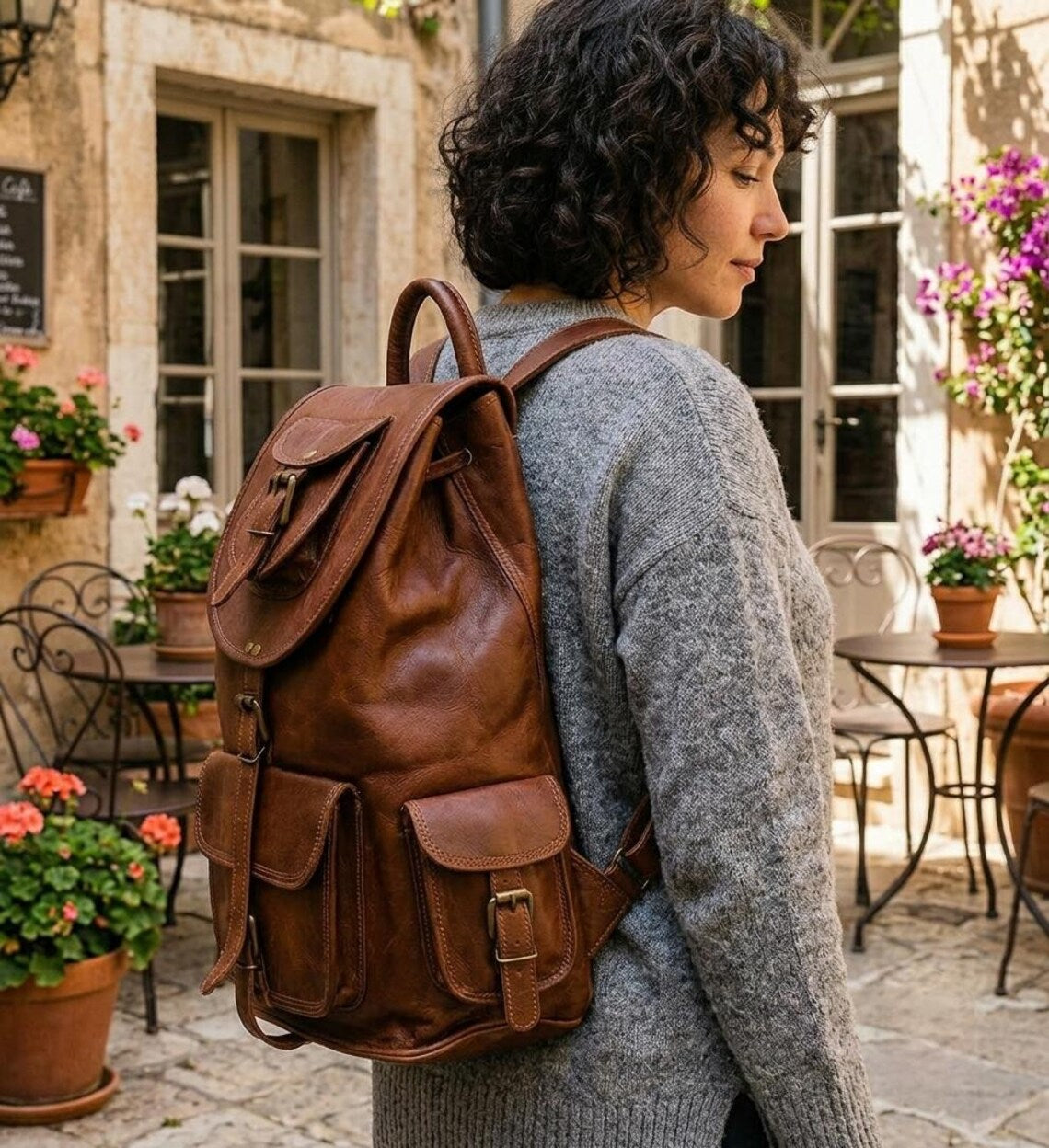 Vintage Full Grain Leather Drawstring Flap Unisex Backpack
