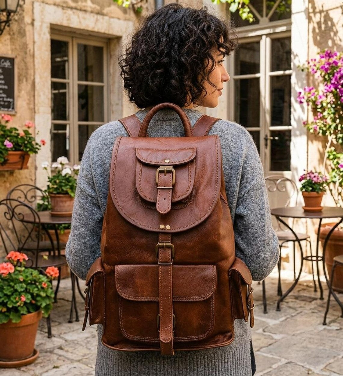 Vintage Full Grain Leather Drawstring Flap Unisex Backpack