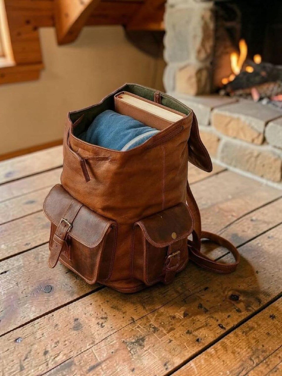 Vintage Full Grain Leather Drawstring Flap Unisex Backpack
