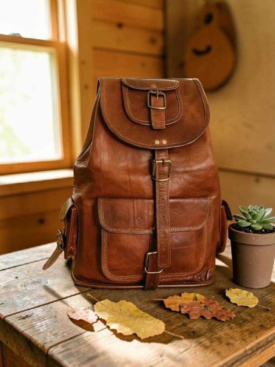 Vintage Full Grain Leather Drawstring Flap Unisex Backpack