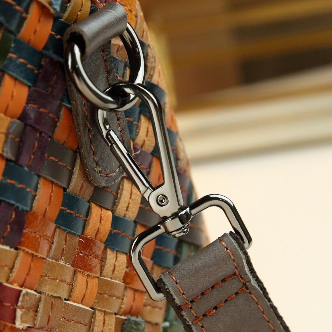 Multicolor Hand Woven Structured Square Leather Tote Handbag