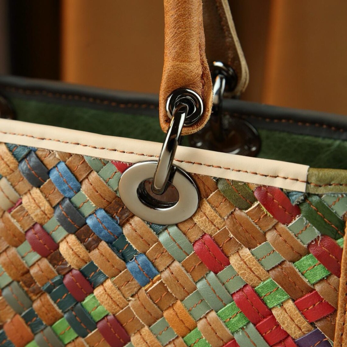 Multicolor Hand Woven Structured Square Leather Tote Handbag