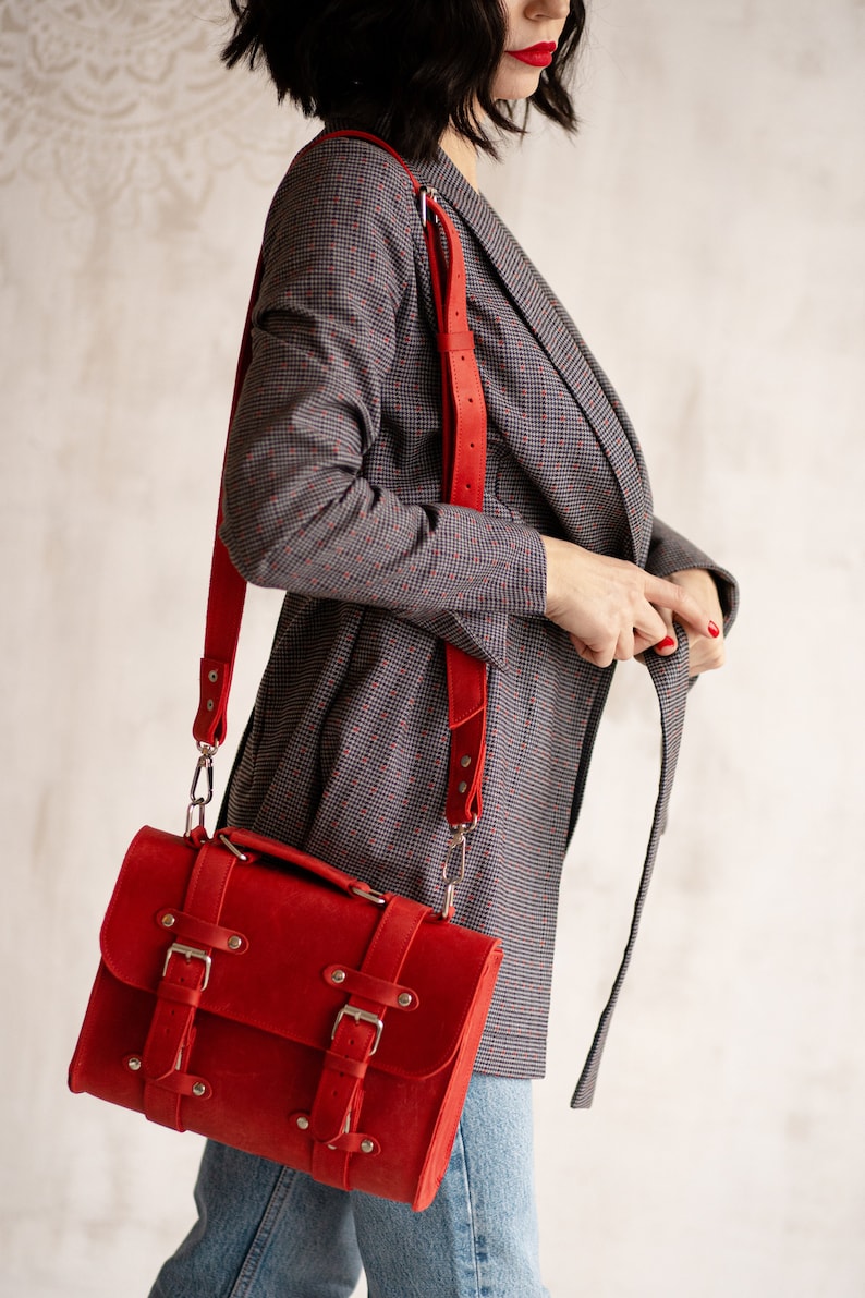 Vibrant Red Leather Buckle Satchel Crossbody Handbag