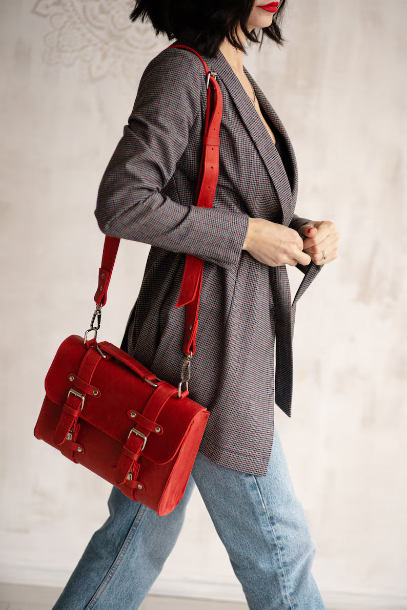Vibrant Red Leather Buckle Satchel Crossbody Handbag