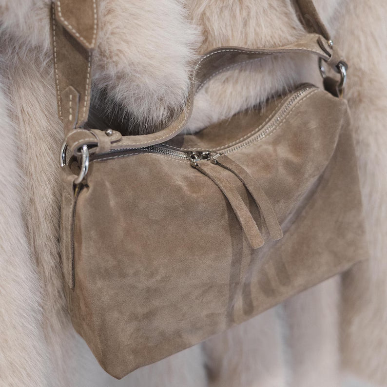 Taupe Suede Soft Slouchy Adjustable Crossbody Shoulder Handbag