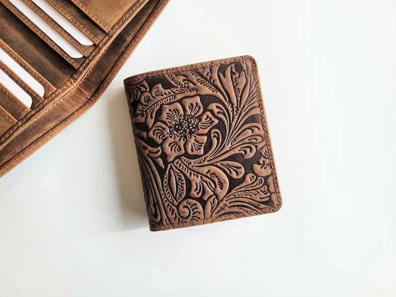Hand Tooled Floral Cowhide Bifold Leather Wallet