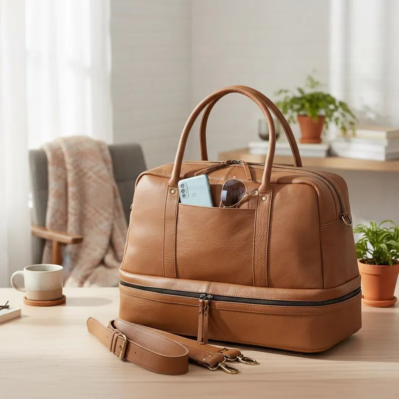 Top Grain Buffalo Leather Dual-Zone Travel Duffle Bag
