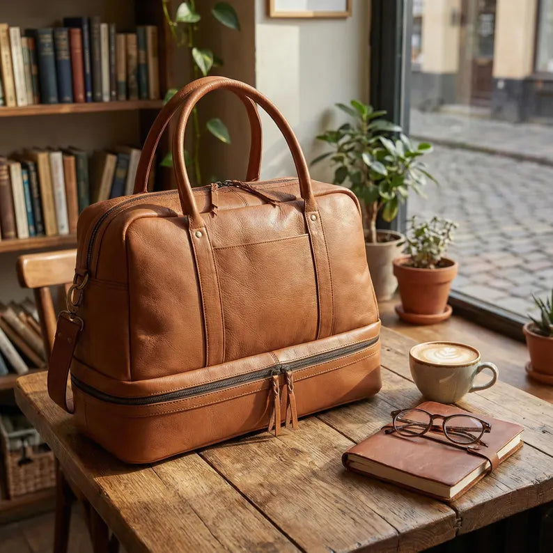 Top Grain Buffalo Leather Dual-Zone Travel Duffle Bag
