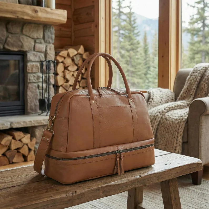 Top Grain Buffalo Leather Dual-Zone Travel Duffle Bag