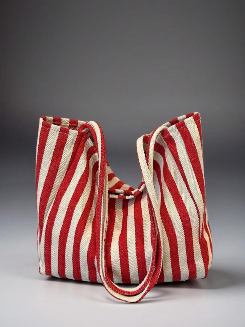 Red White Retro Stripe Canvas Casual Shoulder Tote Bag