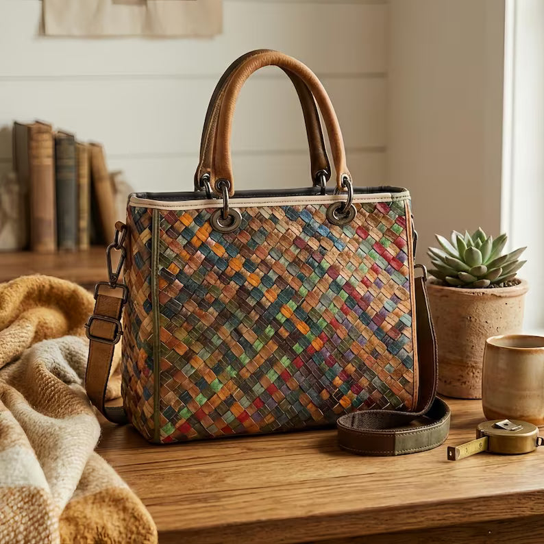 Multicolor Hand Woven Structured Square Leather Tote Handbag